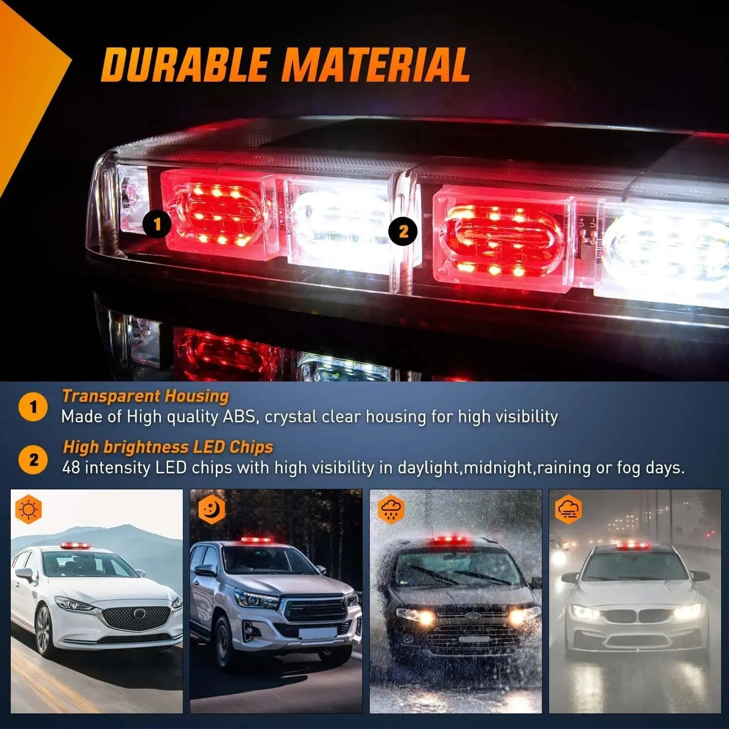 12 Inch 48 Leds Roof Top Red White Emergency Strobe Light