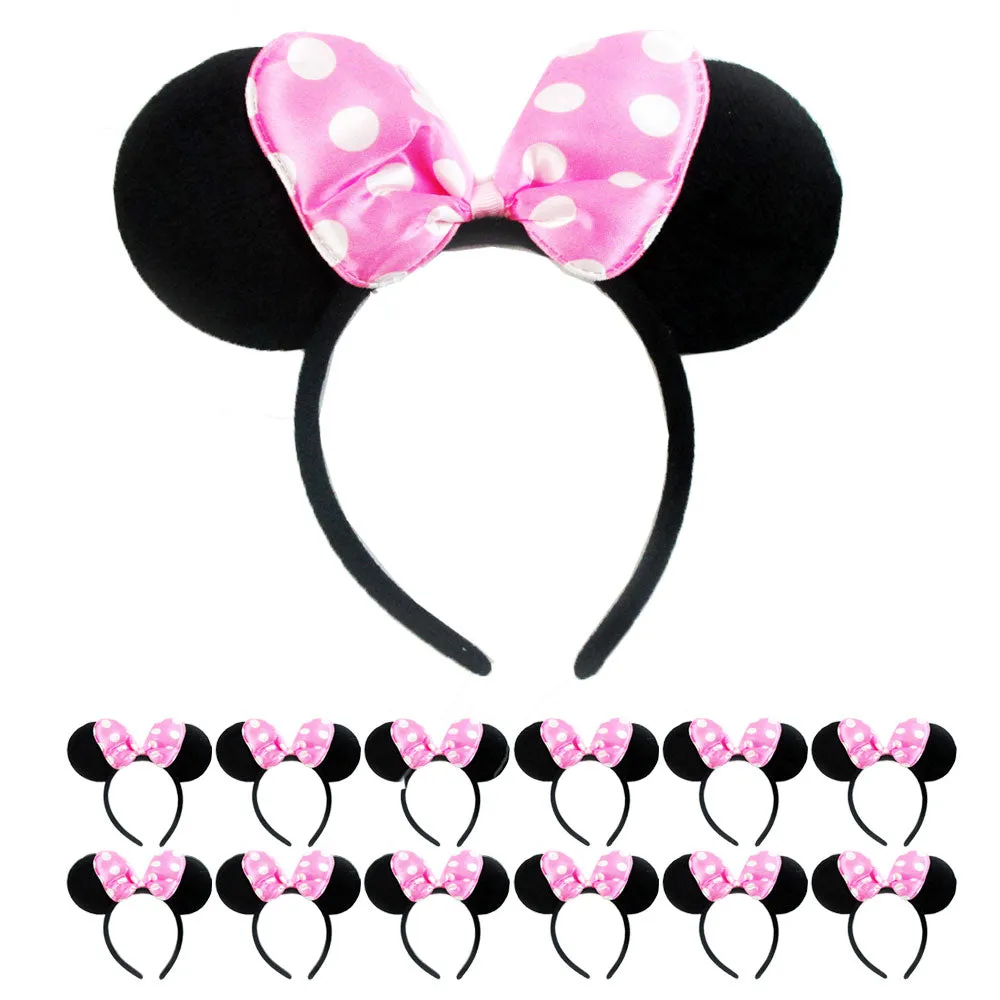 12Pc Minnie Mouse Ears Headbands Red Pink Polka Dot Bow Costume Party Favor Gift