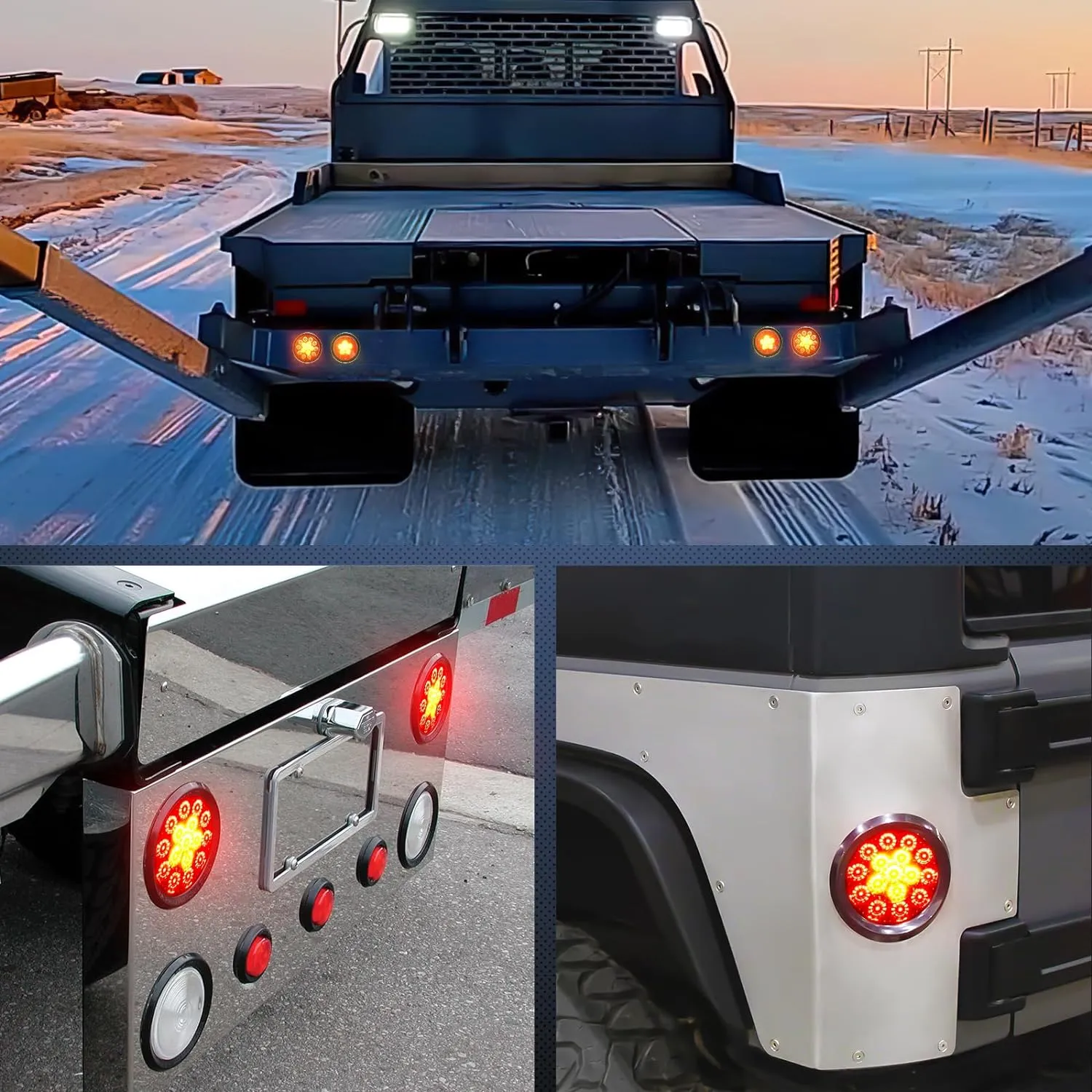 4 Inch Red Amber Round 16Leds Tail Light Flush Mount Grommet (Pair)