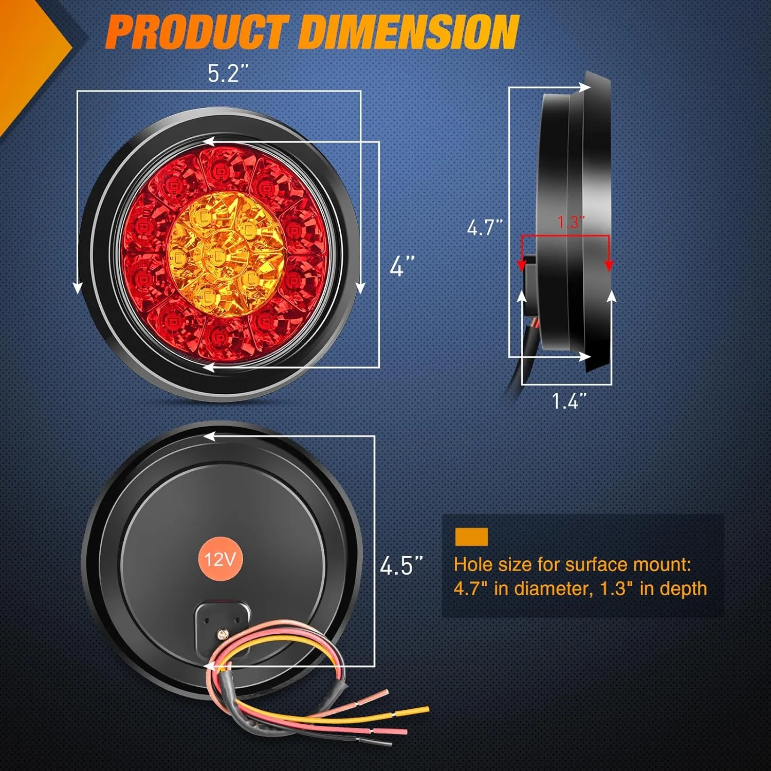 4 Inch Red Amber Round 16Leds Tail Light Flush Mount Grommet (Pair)