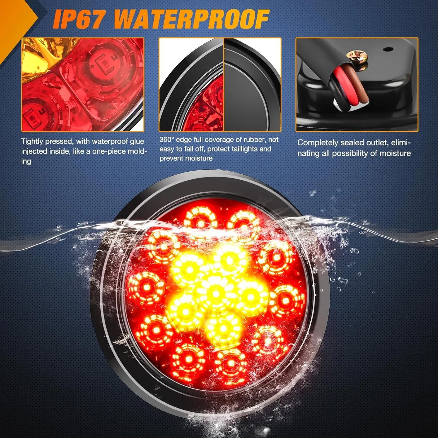 4 Inch Red Amber Round 16Leds Tail Light Flush Mount Grommet (Pair)